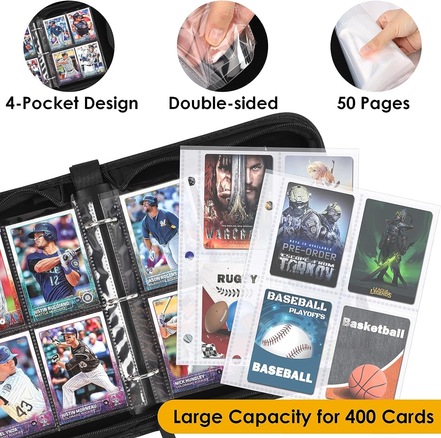 400 Pockets Binder Sleeves Card Carrying Case Fit for Baseball Cards, Trading Cards, Football Cards and Sports Cards (Black)